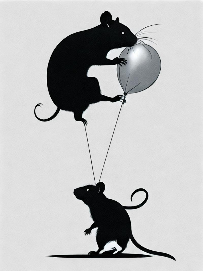 00156-1304051357-a black and white painting of a rat holding a balloon with the word rainy written on it by Banksy.png